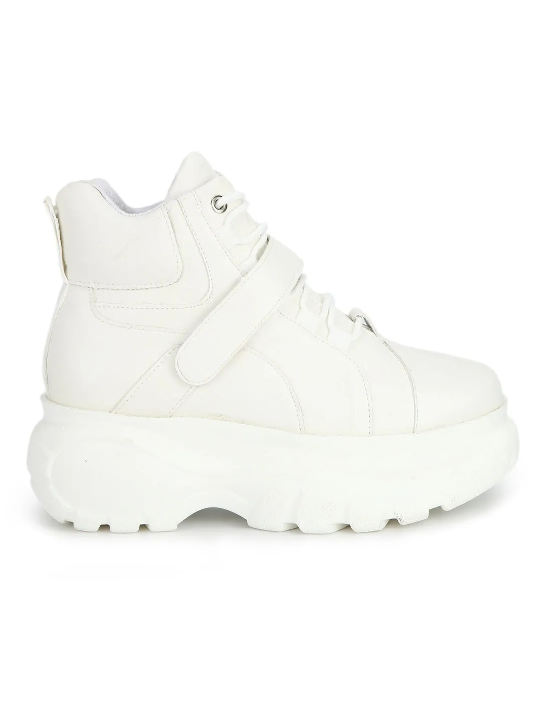 White PU Cleated Platform Lace-Up Sneakers