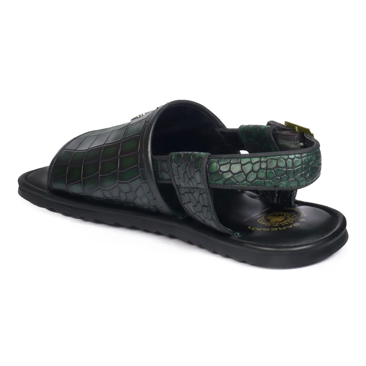 Wide Toe Smokey Green Deep Cut Croco Textured Leather Buckle Strap Mens Sandal By Brune & Bareskin