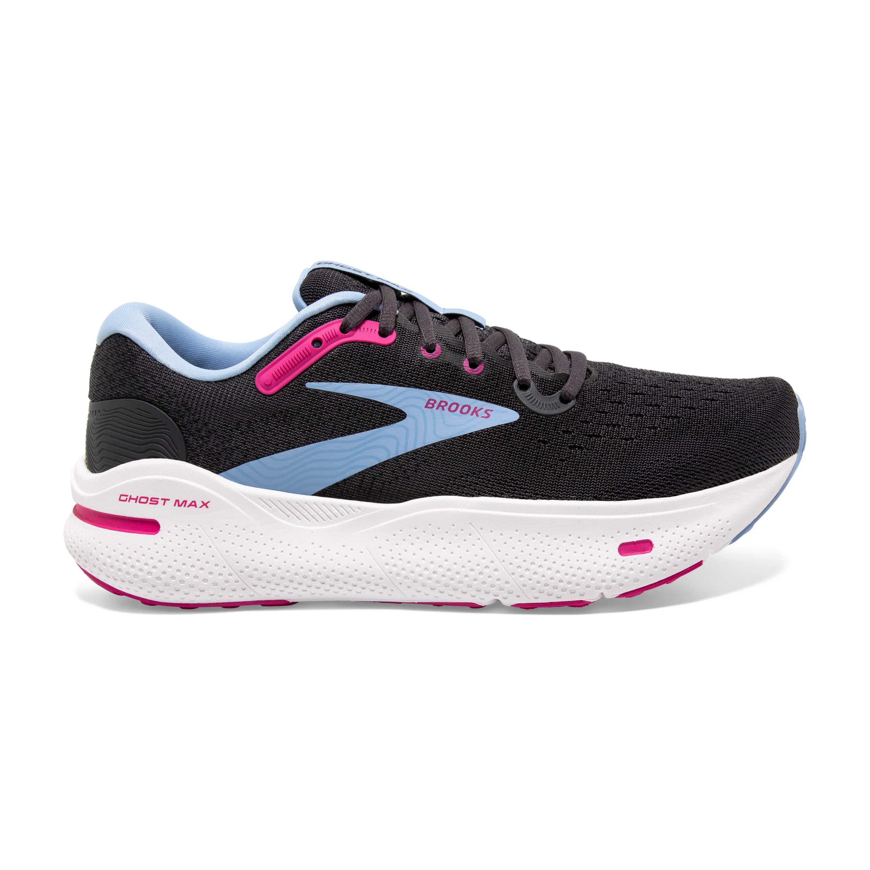 Women's Brooks Ghost Max Color: Ebony/Open Air/Lilac Rose (WIDE WIDTH)