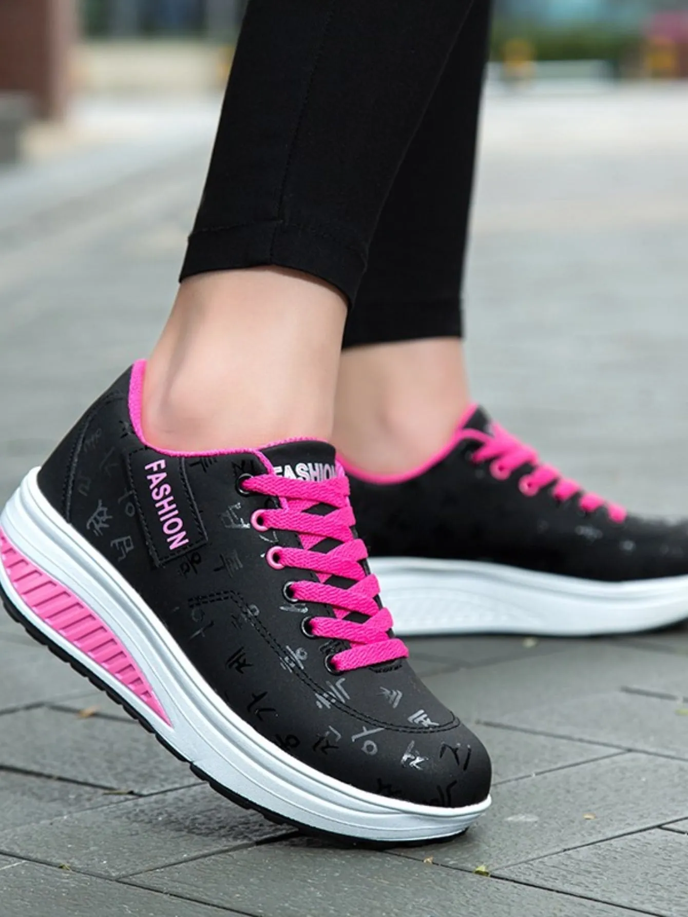 Women's Casual Rocking Shoes, Ultralight Sole Lace Up Letter Sneakers