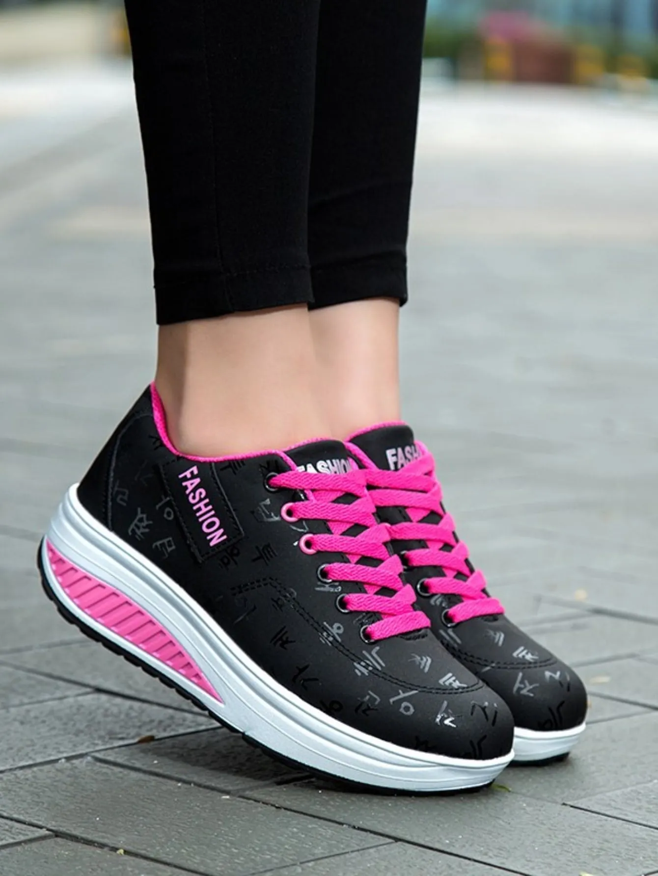 Women's Casual Rocking Shoes, Ultralight Sole Lace Up Letter Sneakers