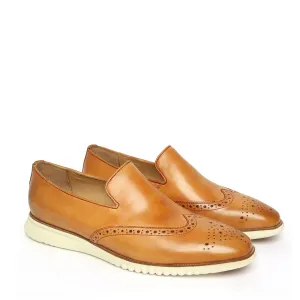 Yellow Tan Burnished Leather Wingtip Light Weight Loafers By Brune & Bareskin