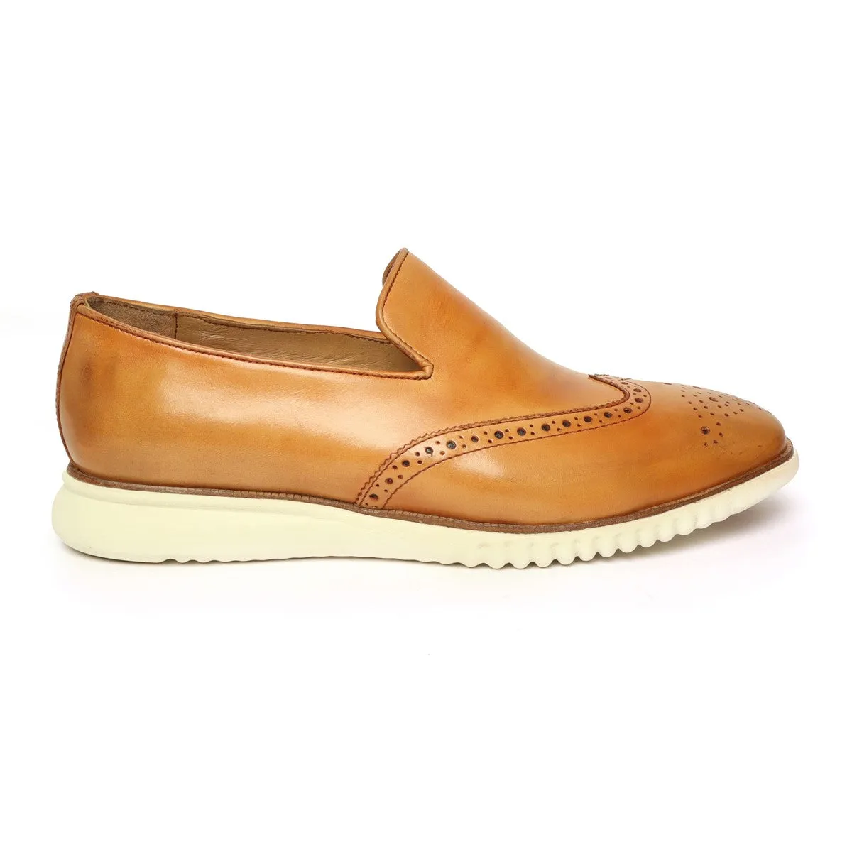 Yellow Tan Burnished Leather Wingtip Light Weight Loafers By Brune & Bareskin